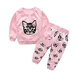 LANDFOXベビー子供服セット猫印刷長袖トラックスーツ+パンツ服装セット カラー: ピンク