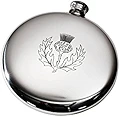 Wentworth Pewter -Thistle Stamp Polished Round Pewter Sporran Flask, Spirit Flask, 4oz Capacity