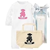 出産祝い 名前入り ギフトセット / 長袖 ロンパース & トートバッグ [GP388] 80cm [Rom]ホワイト×ピンク柄 出産祝い 誕生日 プレゼント おしゃれな 名入れ ギフト