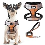 PUPTECK 犬 ハーネス リード セット 犬用 胴輪 はーねす 調節可能 着脱簡単 軽量 メッシュ 通気性 快適 ソフト 反射材付き 引っ張り防止 抜けない 喉に優しい 耐久性 散歩 安全 しつけ用 老犬介護 おしゃれ 小型犬 中型犬 大型犬 （オレンジ チェック, XSサイズ）