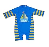 Bonverano ベビー水着　男の子　ワンピース　半袖ラッシュガード　キャップ付き　２点セット　UPF50+　紫外線対策　UVカット（9-12M ボート）