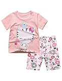 (ビメイゴー) Bmeigo 子供服 女の子 パジャマ ルームウェア 寝間着 半袖 綿 猫 ウサギ柄 春 夏 部屋着 ガールズ Ｔシャツ ハーフパンツ セット 女児 幼児服 90-145cm 柔らかい