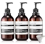 Mia home シャンプーボトル ディスペンサー 詰め替えボトル 520ml アンバーボトル3本セット 漏斗付き ラベルシート付属 シャワーディスペンサー,簡単なインストール、空ペットボトル