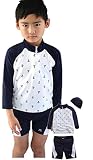CONFORT CLOSET 男の子 水着 3点 セット ラッシュガード 長袖 シンプルマリン 帽子 付き UVカット 大きいサイズ ベビーキッズ 小学生 ネイビー 紺 ４(100-110cm )