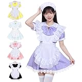 [Joyasslly] メイド服 コスプレ 萌え メイドコスチューム 5点セット コンカフェ メイド 定番 ショート丈 可愛い レース ロリータ ワンピース レディース メンズ 大きいサイズ 仮装 ハロウィン 女装 人気 学園祭 撮影 (パープル, XL)