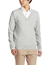 Color High Gauge Cotton V-neck Sweater 1113-136-2666: Light Grey Color High Gauge Cotton V-neck Sweater 1113-136-2666: Light Grey