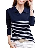 [C&CL] ストレッチ カットソー ボーダー ポロシャツ レディース カジュアル 長袖 シャツ 綿 ブラウス 伸縮性 春服 秋服 コットン トップス 紺 (JP, アルファベット, XL, ネイビー)