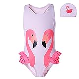 Pettigirl 子供用水泳帽付き2点水着 フラミンゴ水着 ガールズ水着 スイミング 水泳キャップ キッズ水着 女児水着2点セット 130cm