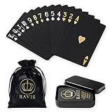 RAVIS トランプ ブラック ゴールド 洗える 防水 フレックスカード マジック 手品 高級 おしゃれ パーティー 金属ケース 付 54枚 (ブラック・巾着付き)