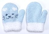かわいい猫モチーフのベビーニットあったかミトン手袋　カフスボア付き　サックスブルー
