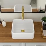 Logmey 洗面台シンクトップマウント - 15インチ x 15インチ 正方形バスルーム洗面台シンク カウンター上ホワイト磁器セラミック洗面台シンクアートシンク