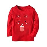 三番目の店　幼児の赤ちゃんの服 かわいい漫画の猫プリント トップス ブラウス ストライプ Tシャツ (120, レッド)