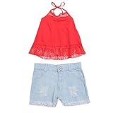Domybest 子供服　女の子　ベビー服　キャミソールとショートパンツ　二点セットアップ　90-130スーツ　ホルターネック　レース　デニム短パン　春夏秋 　可愛いスーツ (110)