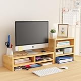 SUOKOMR モニター台 モニタースタンド 木製パソコン台 収納スタンド パソコンスタンド ノートパソコン台 pcモニタースタンド 収納ラック 机上台 PCラック プリンタ台 机上ラック キーボード収納 卓上ラック 二段式 人間工学デザイン 取扱説明書付き (原木色, 2段)