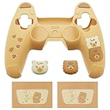 PlayVital ps5コントローラーに対応用シリコンカバー、可愛いクマスタイルカバー付けたまま充電ステーションにも対応し、サムスティックキャップカバー&タッチパッドシール付属しています【イエロー＆ブラウン】