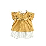 夏ベイビー服 Ｔシャツ＋パンツ 女の子 Pojour 1-7歳子供かわいい無地２セット 綿 通気 黄色(80cm)