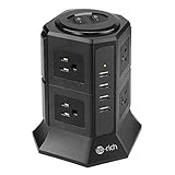 Te-Rich 電源タップ タワー式 8個AC口 コンセント 4USBポート 一括スイッチ マルチタップ oaタップ たこ足配線 延長コード 2m 雷ガード テーブルタップ (2段, ブラック)