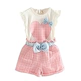 BOBORA 女の子 可愛いラブ柄　大きな蝶結び　袖なし　フライスリーブシャツ＆チェック柄パンツ　春夏服　姫様風　綿　スウィート子供様　二点セット