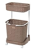 レクエア ランドリーバスケット (ブラウン, 2段) 【取っ手付バスケット/キャスター付/組立式】