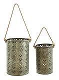 Benzara Metal Galvanized Lantern with Intricate Design, Set of 2 by Benzara
