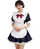 [KALAOK] メイド服 パニエ付き 5点セット ロリータ ワンピース エプロン メイドカフェ 文化祭 イベント 半袖navy M