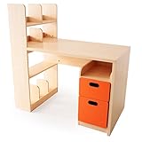 学習机 勉強机 2段チェスト オープンラック付き 本棚 可動棚 キッズデスク 幅111cm ナチュラル×オレンジ