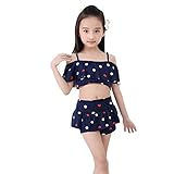 水着 女の子 上下セット 女児水着 ビキニ式 水玉 2-10歳 身長95-140cmに対応 おしゃれ 可愛い 海辺 温泉 記念写真 (8T, ネイビー)