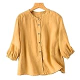 リネンブラウス 七分袖 ブラウス 綿麻 シャツ スタンドカラー 前開き 綿麻ブラウス リネンシャツ トップス フリル袖 ナチュラル キレイめ 無地 大人 おしゃれ ゆったり かわいい 大きいサイズ 綿麻混-イエロー||M