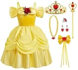 [Axaxa] プリンセス ドレス 子供 コスプレ 衣装 豪華7点セット イエロードレス (プリンセスドレス, ハートのティアラ, 魔法のステッキ, ネックレス, リング, ピアス,髪飾り) (イエロー③, 110)