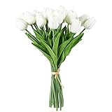人工花 – シルク花チューリップブーケ、ウェディングパーティー用フェイク花、バレンタインの日、ホーム装飾、24束、ホワイト