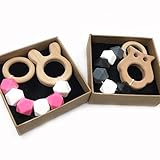 Kissteether 2pcs ベビーテザーカスタムオーガニック木製の動物は、遊ぶジムおもちゃ赤ちゃん歯があるおもちゃシリコーンテイザー BPA無料DIY赤ちゃん歯があるおもちゃ (色 4)