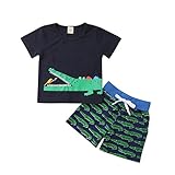 クロコダイルパターン Tシャツ 上下2セット 男の子 ラウンドネック 半袖 トップ バードプリント レジャー 動物プリント ビーチショーツ 子供服 70 80 90 100 0〜24ヶ月 (18-24