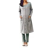 春夏向け 綿１００％ 入院準備 授乳対応 ボーダー 長袖 マタニティ ロング丈パジャマ 杢グレー系マルチボーダー サイズ：マタニティＬＬ