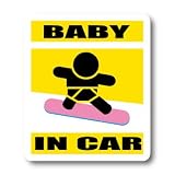 わーるどくらふと BABY IN CAR スノボ・スノーボードバージョンA　 ピンク板　ステッカー （きいろ）