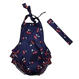 ベビー服　ガール　ロンパース　ホルターネック　レイヤード　フリル　ブルマ　チェリープリント　ヘッドバンド付き (70(0-6月), 青)