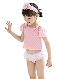 「楽々セレクトショップ」DUDU&MUMU正規品　可愛い子供用　水着　ガールズ キッズ水着 子供用 3点セット 半袖 リボン付き ピンク (110)