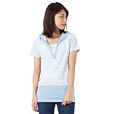 ミルフェルム 授乳服 接触冷感 消臭機能Vネックフード付き半袖ボーダーマリンTシャツ M サックス×オフ(60) 授乳ケープ付き ミラキュラスクール マタニティ 下着 インナー 産前産後 春夏秋 授乳