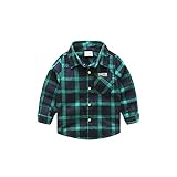 PANCY 子供服 春秋 長袖 ボタンダウン チェック柄 シャツ 男の子 折り襟 シンプル 綿 かっこいい ワイシャツ(緑+ネイビー,90cm)