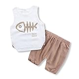 【SEBLES】ベビー 赤ちゃん 男の子 キッズ お魚 ボーン ラウンドネック ノースリーブ Tシャツ 無地 カラー パンツ セット 上下 綿 夏 涼しい(タイプC,120cm)