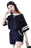 【Smile LaLa】 レディース シンプル 上下 セット アップ トップス 半袖 ボトムス ショート パンツ 丸首 部屋着 パジャマ 春 夏 (M, ネイビー)