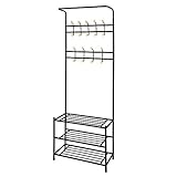 tophomerコートラックwith 18フック3階層シューズラックストレージベンチシェルフHangingバー帽子Clothes Hanger for玄関寝室ブラック