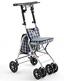 エムズハウス：軽量 コンパクト シルバーカー/プリエ (青チェック) ：FS00396 おしゃれ 折りたたみ自立 コンパクトなのに座れるんです。