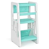 Giantex 踏み台 子供用 3段高さ調節可能 耐荷重40kg スツールとしても活用 滑り止め 手すり付き 幅47x奥行47x高さ90cm 脚立 ステップチェア 階段チェア ２段 ステップ 折りたたみ 耐荷重40kg 丈夫 安定性 玄関 トイレ 台所育児 手洗い 洗面所 洗面台 補助 介護 幼児 知能開発 ステップスツール (ミント)