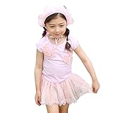 「楽々セレクトショップ」DUDU&MUMU正規品　大人気　可愛い子供用水着 女の子 ピンクふわふわスカートハートレース スクール セパレート 上下セット 女児 ガールズ ビキニ キャップ付き 海水浴 