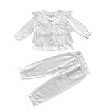 せんべいまんじゅう　長袖服女の子　セットアップ女の子　２点セット　ロングパンツ　子供ズボン　ベビー綿シャツ　春秋着　フリル袖　レース　リボン　パジャマ女の子　お祝い　七五三　誕生日　ベビー服