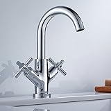 Wrightjp キッチン水栓 キッチン 洗面用 シングルホール　ダブルハンドル蛇口 混合水栓 2ハンドル混合栓 手洗いボウル 360°回転 蛇口 水道　ホース付き