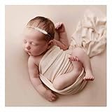 Orraphtstu ニューボーンフォト おくるみ セット 新生児 撮影 道具 ラップ 真珠 髪飾り ベビー ストレッチ ニット (ベージュ, セット)