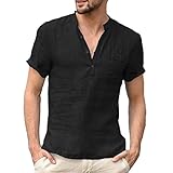 [Elonglin] スウェット Vネック Polo半袖 tシャツ メンズ カットソー トップス 麻 無地 大きいサイズ カジュアル 夏服 tシャツ ブラック 3L