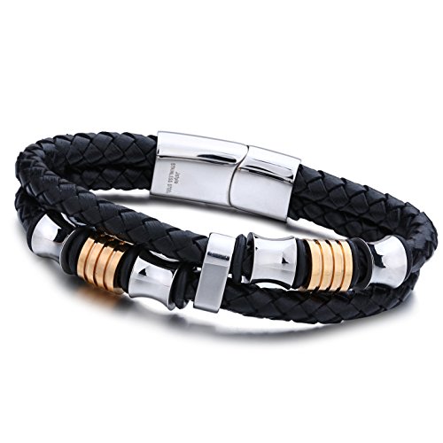 Jstyle[ジェイスタイル]　ゴールド＆プラチナ　メンズ　レザー　ブレスレット　腕輪　二連ブレスレット　アクセサリー　ブレスレット　ステンレス製 (長さ:20.5cm)