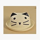 Rush.C ファッション 小物 帽子 ツバ付き 麦わら帽子 ねこ キッズ ホワイト ブラウン 【Rush.Cオリジナルハンカチセット】 B91 (ホワイト)